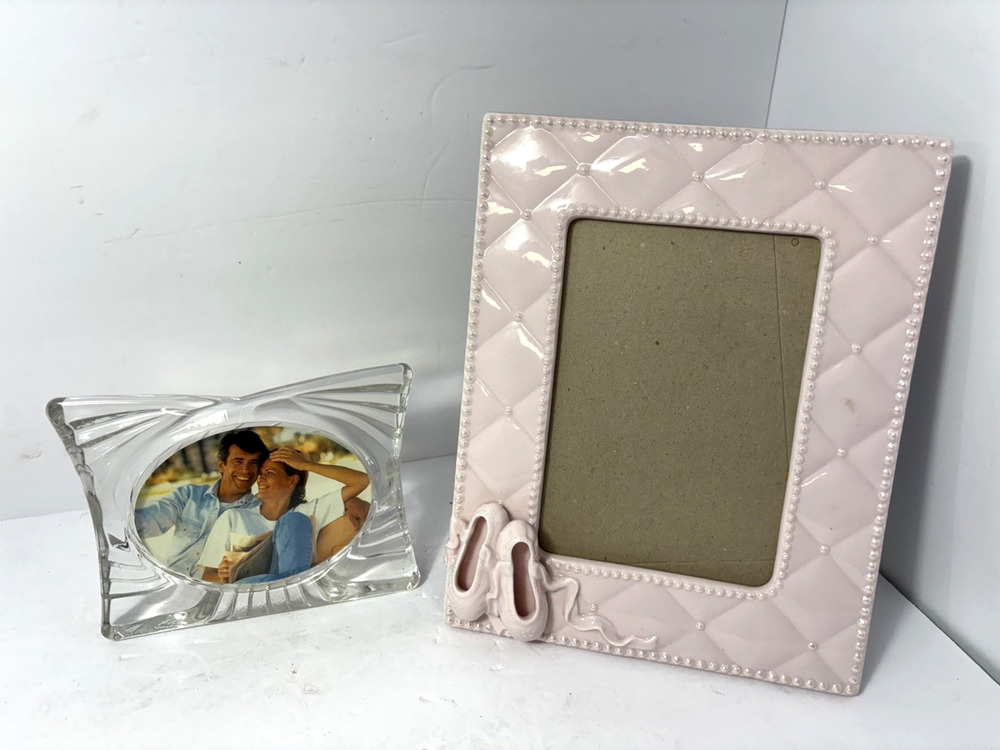 Mikasa Glass Photo Frame & Russ Hand-Painted Pink Ceramic Picture Frame Lot of 2